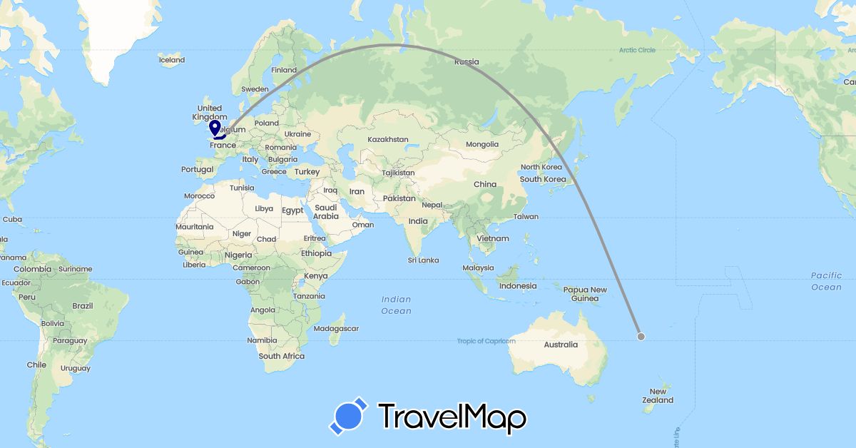TravelMap itinerary: driving, plane in Finland, France, Japan, New Caledonia (Asia, Europe, Oceania)